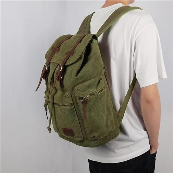 Retro Backpack Leather Trim Casual Light Green - Picture 2 of 6